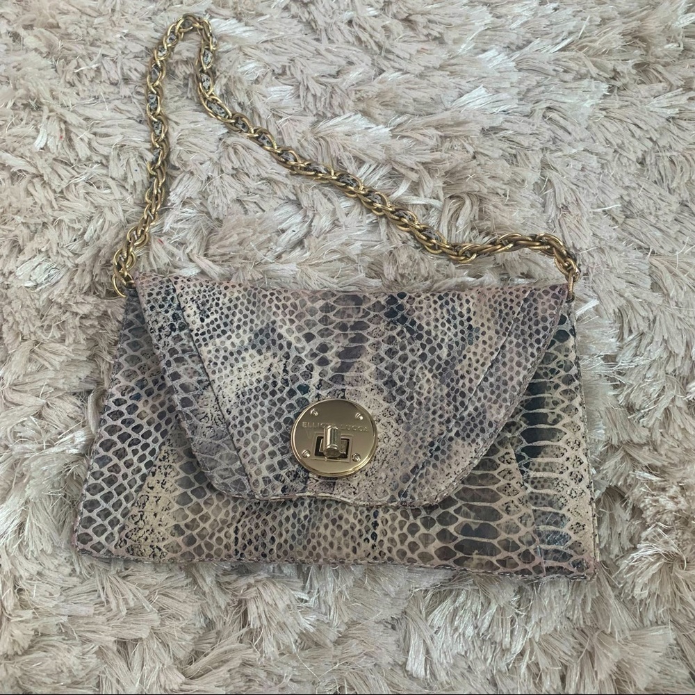 Elliott Lucca Snakeskin-Print Chain Strap Crossbody - Taupe, Gray, Gold